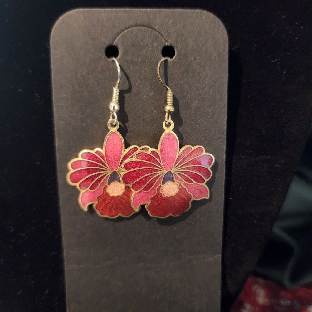 Vintage Cloisonné Orchid Dangle Earrings